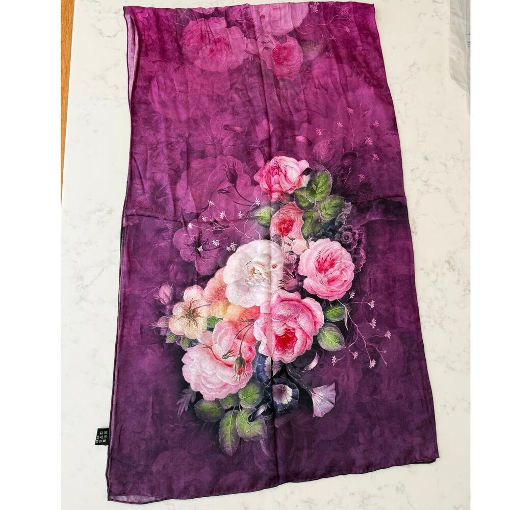 100% Silk Purple Floral Scarf Hand Rolled Roses 20 x 68 Lightweight Luxury Wrap